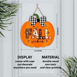 Pumpkin Bow Buffalo Plaid Fall Vibes Wooden Sign Wall Decor, Pumpkin Fall Wood Hanging Door Signs Decorations for Home Office Kitchen Front Door, Autumn Thanksgiving Sign Decor
