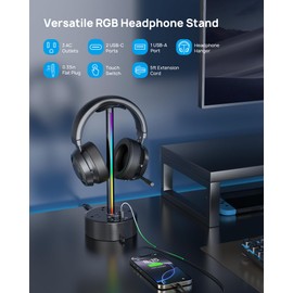 TROND Headphone Stand with PD 20W USB C, RGB Gaming Headset Holder with 3 AC Outlets, 2 USB-C & 1 USB-A, 5ft Retractable Extension Cord with Flat Plug, for Desk Computer Accessories Gamer Gifts, Black
