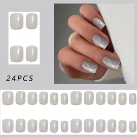 24Pcs Glitter Press on Nails Short Square Fake Nails Full Cover Silver Glitter False Nails Reusable Shine Artificial Nails Glue on Nails Acrylic Stick on Nails for Women and Girls Nail Art Decorations
