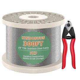 300FT 1/8" T316 Stainless Steel Cable,7x7 Strand Construction 1800lb Breaking Strength Aircraft Cable with a Cutter for Deck Cable Railing, Indoor Outdoor DIY Stair Fence, Silver