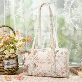 Quilted Tote Bag Large Travel Floral Tote Bag for Women Cute Bag with Compartments Shoulder Bag Handbag for Travel, Work, Gym
