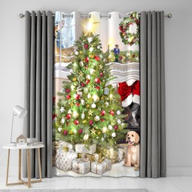 Fusion - Eyelet Single Decorative Curtain Panel - Christmas Tree Presents Scene - 54" Width x 84" Drop (138 x 214cm) in Green and White