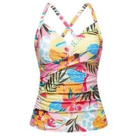 Women Tankini Bathing Suit Top - Twist Front V Neck Swim Top Ruched Tummy Control Top Only No Bottom 2025 Colorful Floral L