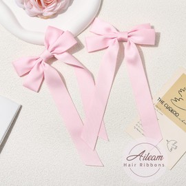 2PCS Silky Satin Hair Bows Pink Hair Ribbon Clips for women Ponytail Holder Hair Accessories Alligator Clips Hair Bow for Women Girls Toddlers Teens Kids