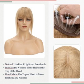 Silk Base Clip In On Hair Topper with Bangs Human Hair Remy Crown Topper with Wispy Bangs Clip on Toupee Silk Top Hairpiece For Women With Hair Loss Thinning Hair 14in Dark Blonde
