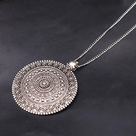 Mandala Bohemian Pendant Necklace in Silver Plated Metal with Vintage Flower Design 55+5cm Plated, Not Applicable, Metal, Not Applicable