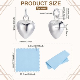 BENECREAT - Colgante de corazón de plata de ley 925, pequeño dije de corazón hinchado con anillo de salto para joyas, collares, proyectos de bricolaje, Plata, No es una piedra preciosa