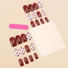 Red Heart Press on Nails Valentine Square Fake Nails Medium Short Acrylic Nails Full Cover False Nails with Solid Color Designs Cute Artificial Nails Stick on Nails for Women Girls 24Pcs