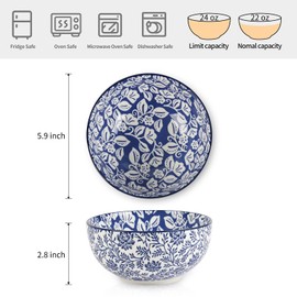 Selamica Ceramic Cereal Bowls Set of 6, 24 Oz Deep Soup Bowls for Kitchen, 5.9 Inch Porcelain Dessert Bowls for Salad, Pasta, Oatmeal, Ramen, Microwave Dishwasher Safe, Gift, Set of 6, Vintage Blue