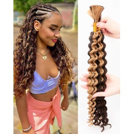 MISS SULA Deep Wave Bulk Braiding Hair-Wet and Wavy Human Braiding Hair,22 Inches 2 Bundles Natural Brown and Blonde,No Weft Bohemian Curly for DIY(22"-2 Bundles,4/27#）