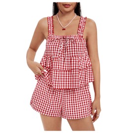 SHENHE Women's 2 Piece Outfits Cute Gingham Tiered Sets Ruffle Babydoll Cami top and Short Set Red Large