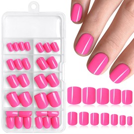 Bellelfin 120pcs Short Press on Nails Hot Pink Full Cover Short Square Glossy Fake Nails Acrylic Artificial False Nail Tips with 5 Sheets Adhesive Glue Tabs for Women and Girls Fingernails Design