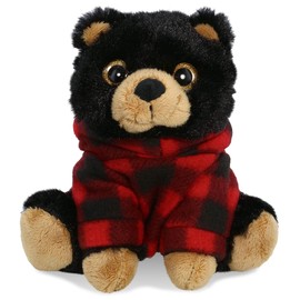 DolliBu Black Bear Stuffed Animal with Red Plaid Hoodie Sweater and Personalization - Cute Teddy Bear Plush Toys for Boys and Girls, Lumberjack Stuffed Toy with Plaid Jacket Dress Up - 6.5 Inches