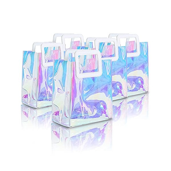 5pcs Clear Reusable Gift Bags Birthday Gift Bag 8.4 x 7 x 4 Inches Medium Size Iridescent Holographic Pvc Gift Wrap Bags with Handle Favor Bag for Graduation, Christmas, Party, Baby Shower, Wedding
