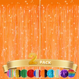 2 Pack Orange Metallic Tinsel Foil Fringe Curtains, Door Streamers Photo Booth Backdrop for Birthday Party, Tinsel Curtain Backdrop for Baby Shower Bachelorette Christmas Party Decorations