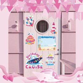 JoyAura Birthday Cruise Door Magnets - 7 Pcs Pink Happy Birthday Magnet Stateroom Decorations Magnetic Ship Cabin Stickers Carnival Decals Party Decor with Pens Car Refrigerator Accessories for Girl