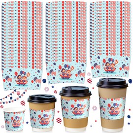 Jingmore 60 Pcs Bulk 16oz/12oz 4th of July Coffee Cup Sleeves American Flag Patriotic Disposable Paper Tea Cup Sleeves for Independence Day Holiday Party Decoration Supplies