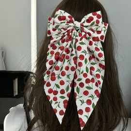 LLAOIMB Cherry Hair Bows Clips for Women, White Hair Bows Long Ribbon Hairpin Ponytail Holder Hair Accessories Fruit Hair Barrettes Cute Cherry Hair Clips Large Bowknot Hairpins French Hair Decoration