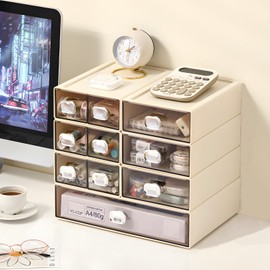 Spacious Desk Drawers, Stackable Desktop Organizer, Plastic Storage Box for Office, School & Home Supplies (1 Middle & 2 Small Drawers, Cream)