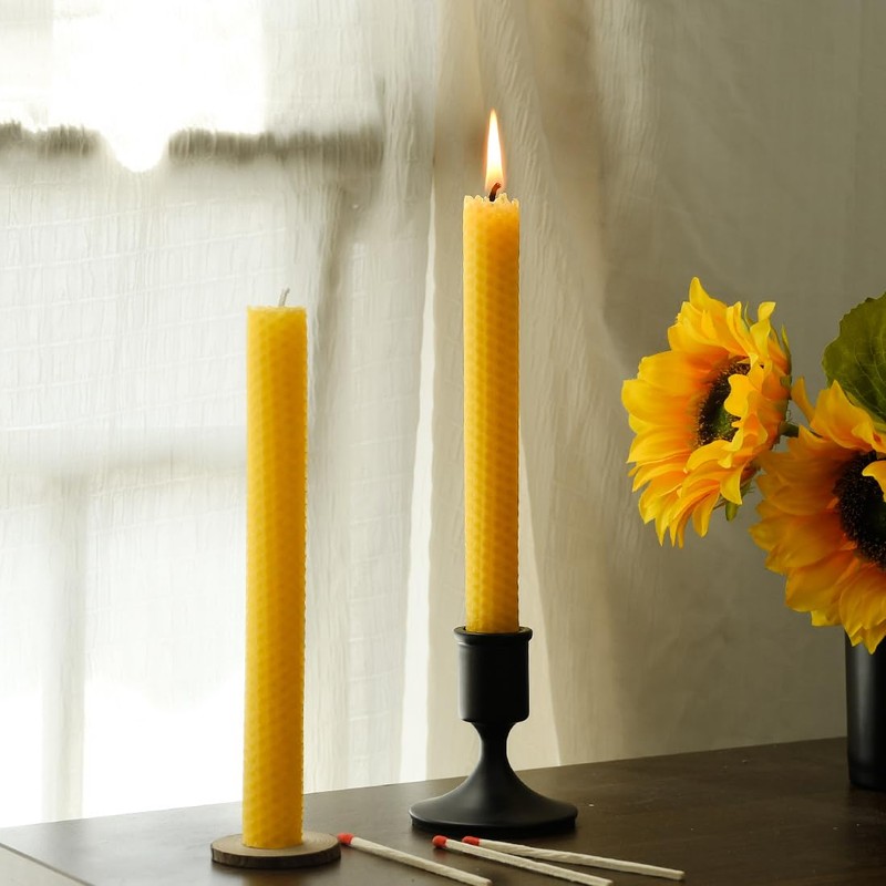 12 PCS Beeswax Taper Candles Hand Rolled - Smokeless Dripless