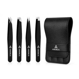 Professional Slanted Tweezer for Facial Hair Women & Men - Stainless Steel Precision Tweezers for Ingrown Hair - Black (4pcs Set)