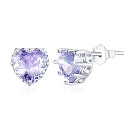 Rockyu Allure Women's Birthstone 925 Sterling Silver Heart Shaped Zirconia Stud Earrings 12 Colors Hypoallergenic Daily Use Gift, 925 Sterling Silver, Cubic Zirconia