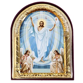 Needzo Resurrection of Christ Jesus Arched Icon Gold Foil With Guardian Angels 4 1/4 Inch, Gold Foil, With Stand, Easter Gift Decoration