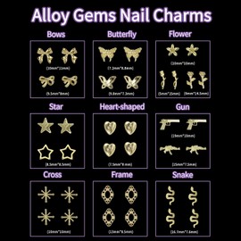 150 Pcs Gun Gold Nail Charms, Butterfly Star Cross Alloy Gold Nail Charms and Gems, Snake Rose Bow Y2K Metal Nail Art Charms for Nail Art Design DIY Supplies Accessories