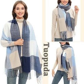 Tuopuda Women's Scarf Checked Pashmina XXL Stoles Oversized Autumn Scarf Winter Scarf Checked Tartan Shoulder Scarf Plaid Blanket Scarf Fashion Scarf Soft Warm Oversized Fringe Poncho, Blue + White