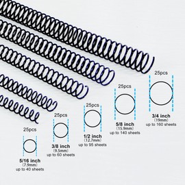 Rayson Plastic Spiral Binding Coil, Mixed Sizes (5/16", 3/8", 1/2", 5/8", 3/4") 4:1 Pitch Black Coil Binding Spines for Business and Educational Purposes, Pack of 125