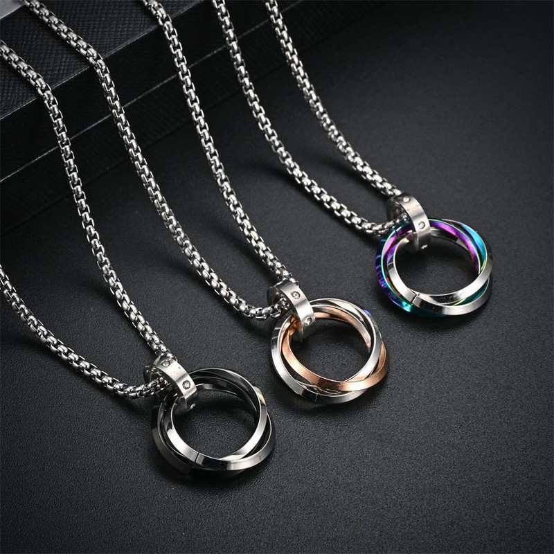LinnWell Triple Ring Necklace Titanium Steel Necklace Three Interlocking Braided