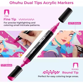 Ohuhu Acrylic Paint Pens 30 Colors Dual Tips (Round & Fine) High Opacity Paint