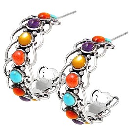 Turquoise Hoop Earrings 925 Sterling Silver & Genuine Turquoise (Multi)