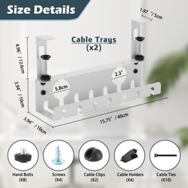 OSteed Under Desk Cable Management Tray 2 Pack White, No Drill Cord Organizer With Clamp for Wire Management, Home & Office Accessories