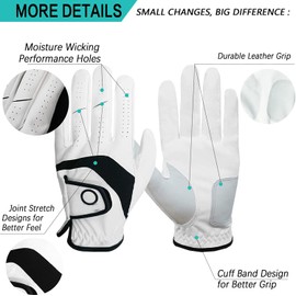 Golf Gloves Men Left Right Hand Leather 3 Pack Mens Golf Glove All Weather Grip Soft Size Small Medium ML Large XL XXL XXXL (Medium,Worn on Left Hand)
