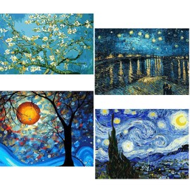 LEADINTOP Diamond Art, Set of 4, Famous Paintings, 15.7 x 11.8 inches (40 x 30 cm), Mosaic Art, Full Paste Design, Diamond Beads, Popular, Bead Art, Bead Paintings, Cute, Stylish, Adults, Kids, DIY, Handicrafts Kit, Present, Art Item, Decoration
