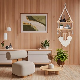 Macrame Plant Hanger,Boho Decor Floating Shelves with Leaves , Wood Floating Shelves for Wall No Drilling for Plants Photos,Girls Bedroom Decor Storage Shelf，Ideal Gifts for Housewarming (2 tier)