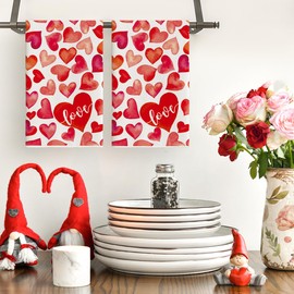 Artoid Mode Red Heart Love Valentine's Kitchen Towels Dish Towels, 18x26 Inch Anniversary Farmhouse Decoration Hand Towels Set of 2