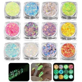 Glitter Gel, 12 Colours Glitter Face Make-Up, Fluorescent Sequin, Festival Glitter Set, Sequins Chunky Glitter Gel for Face, Nails, Body, Hair