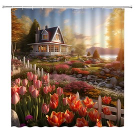Garden Shower Curtain Elegant Tulip Flower Rustic Cabin Lodge Sunset Spring Nature Landscape Fabric Bathroom Decor Sets with Hooks