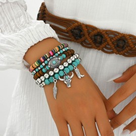 EDWTG Western Cowgirl Bracelets for Women Turquoise Beaded Stretch Bracelets Aztec Bull Head Cowboy Boots Feather Bracelets Set Western Cowgirl Jewelry Accessories for Women (A)