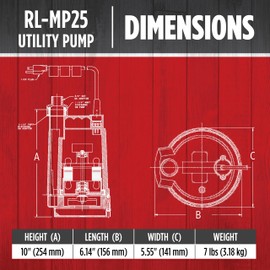 Red Lion RL-MP25 115 Volt, 1/4 HP, 2200 GPH Manual Thermoplastic Submersible Utility Pump, 8-Ft. Cord, Black, 14942732
