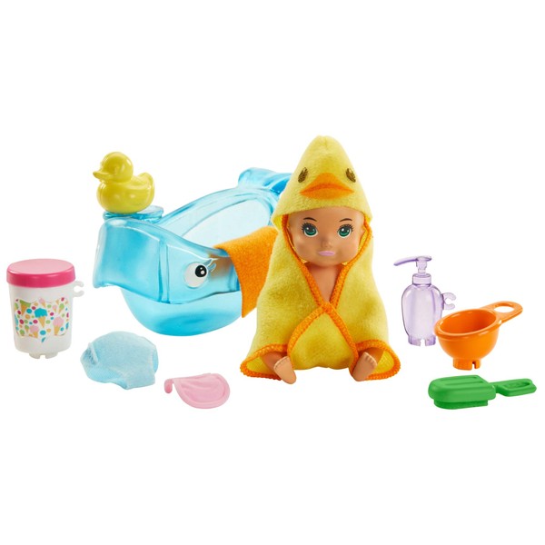 ​Barbie Skipper Babysitters Inc. Feeding and Bath-Time Playset with Color-Change Baby Doll, Bathtub, Popsicle Sponge and Bath-Time Accessories Including Duck-Shaped Towel