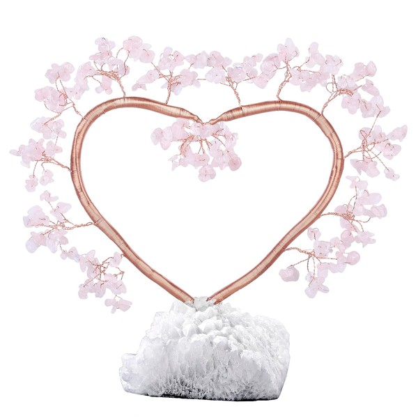 Cheungshing Heart Love Rose Quartz Crystal Money Tree with Wealth Good Luck Feng Shui, Stone Bonsai Tree for Home Wedding Decoration