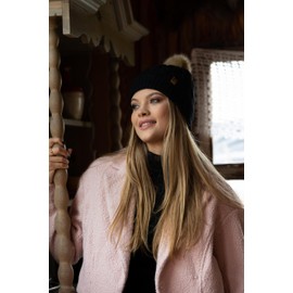 HEYO Women's Soft Winter Hat with Faux Fur Bobble Lightweight Bobble Hat Beanie Knitted Hat Lined Girls, black