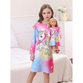 Bow Dream Toddler Girls Dress and Matching American Girl Doll Clothes for Girls Party Birthday Cartoon Pattern Dress Pink Blue Size 120