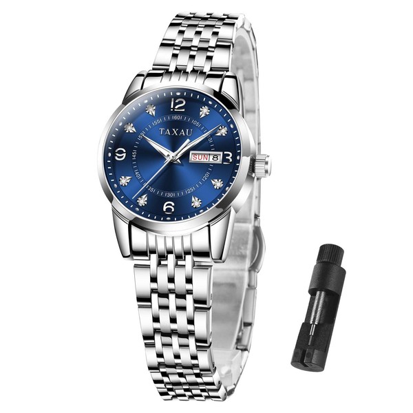 Taxau Armbanduhren für Frauen Silber Luxus Uhren Edelstahl Wasserdicht Analog
