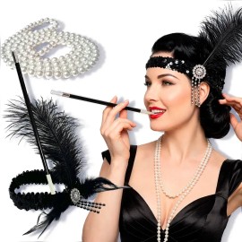 Kit Charleston Accesorios Diadema Pluma Negra Collar Pipa Color Negro