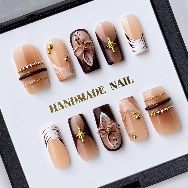 Uñas postizas cuadradas de color marrón medio hechas a mano,