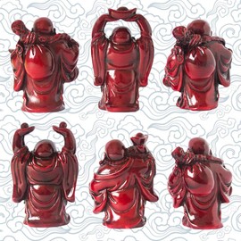Addune Set of 6 Laughing Happy Buddha Statue Resin Figurines Feng Shui for Luck Wealth Good Gift and Collection (2.5'', Dark red)